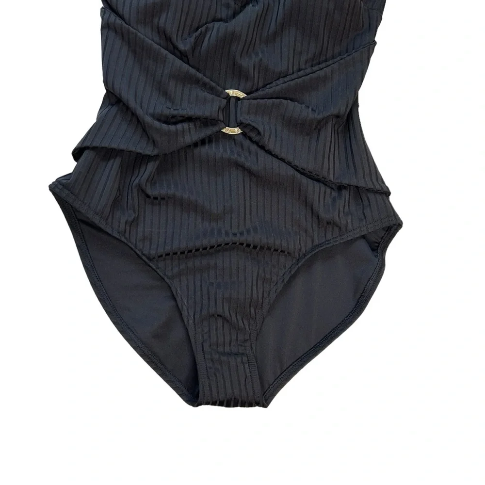 Michael Michael Kors One Piece Swimsuit Black Ribbed Size 10 Waist Sash Logo NWT